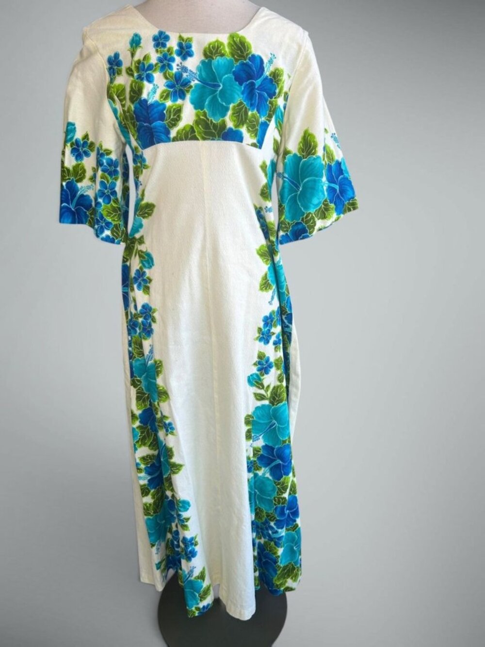 Ui-Maikai Vintage 70s Hawaiian Barkcloth Maxi Dress Blue Hibiscus Floral